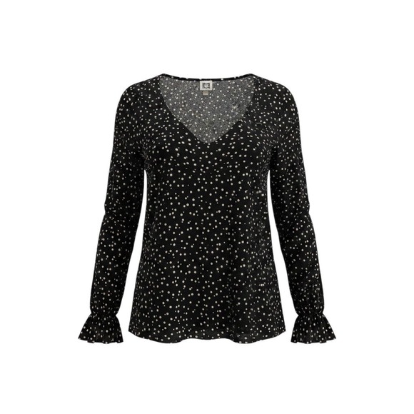 Anne Klein Tops - Anne Klein Blouse L Black White Polka Dot V-Neck Ruffle Cuff Long Sleeve Top